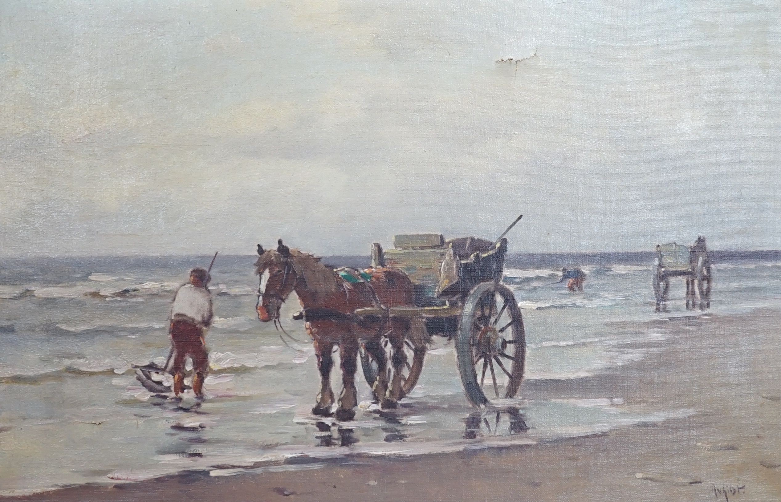 Arnout van Gilst (1898-1982), oil on canvas, seaweed gatherers, signed, 39 cm X 60 cm